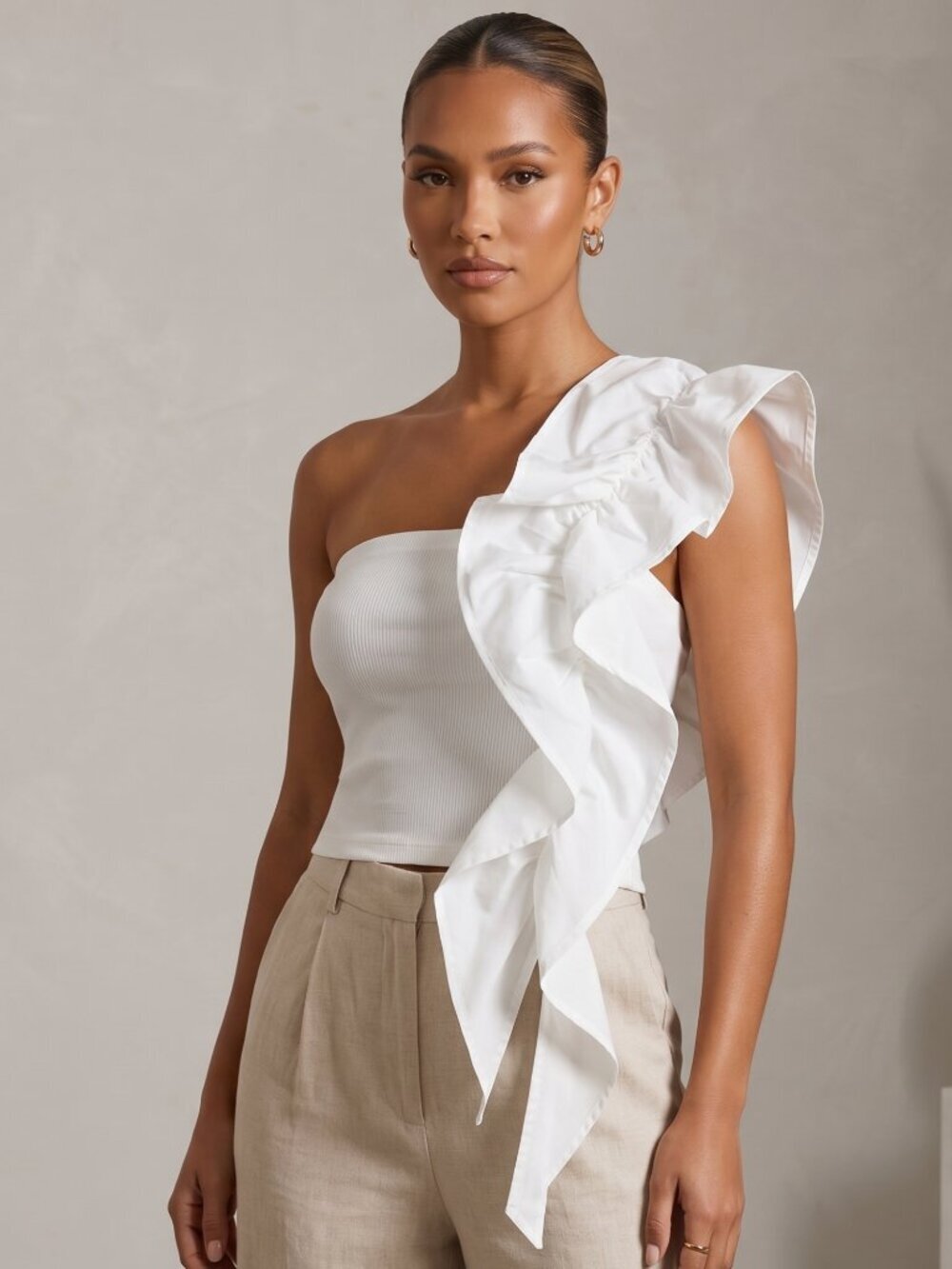 NWT | One-Shoulder Ruffle Top | Asymmetric Ribbed Sculpting | White | Large